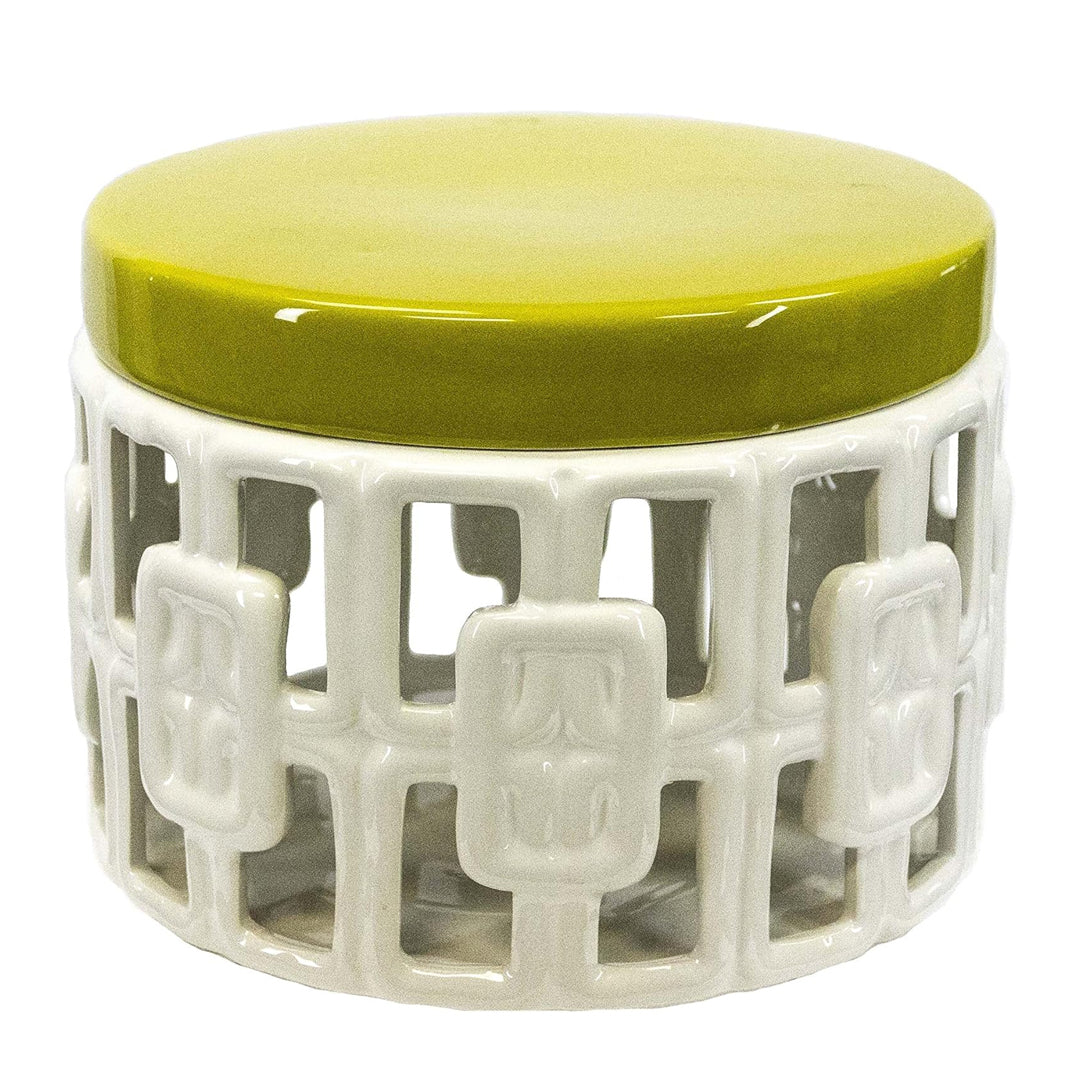 CERAMIC COVERED JAR YELLOW WHITE