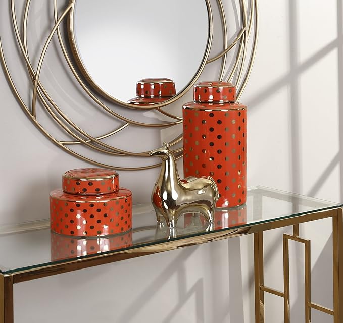 DECORATIVE CERAMIC COVERED JAR ORANGE GOLD