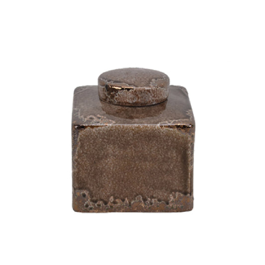DECORATIVE CERAMIC COVERED JAR BROWN