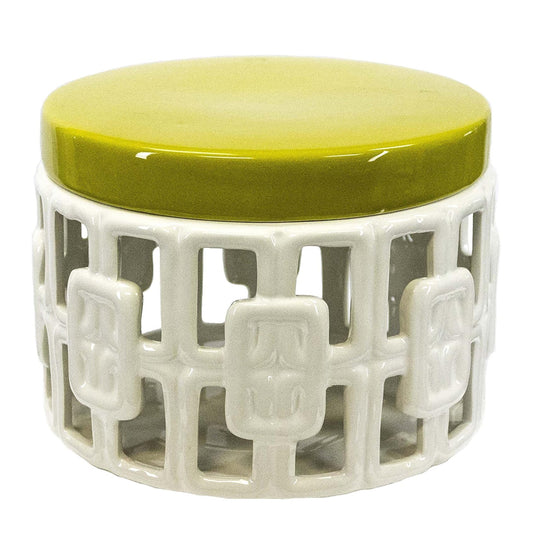 CERAMIC COVERED JAR YELLOW WHITE